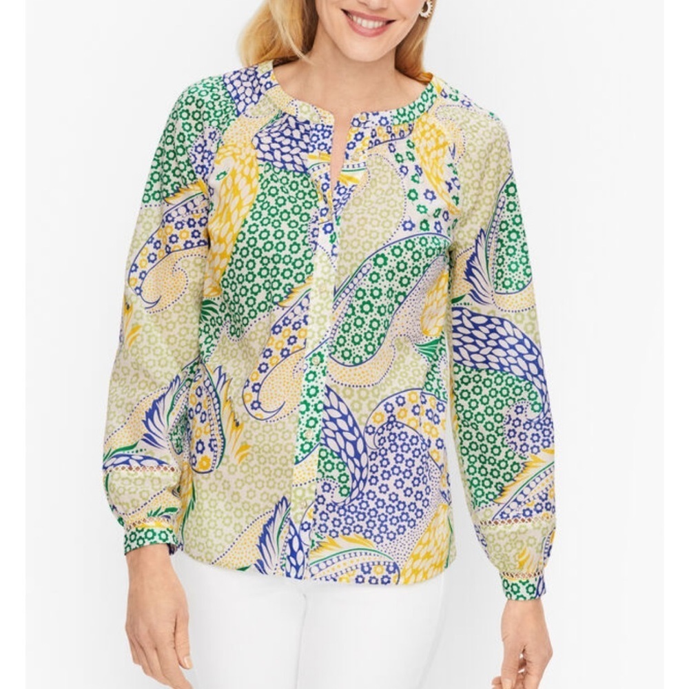 Talbots Top Stitched Cotton Button Up Blouse Fresh Paisley Print | XL | EUC F-19